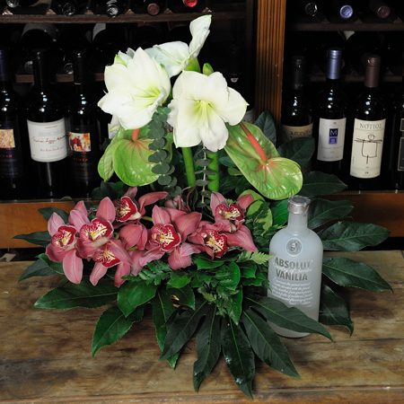 floral arrangement of flowers in a basket with vodka  - CELL 24007
