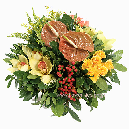 Anthurium, Orchids, Roses and Hypericum in basket - BDAY 15002
