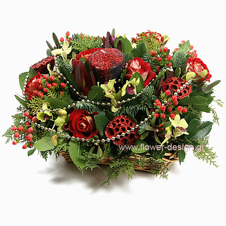 floral arrangement of flowers Hypericum and Orchis in a basket - XMAS 44012