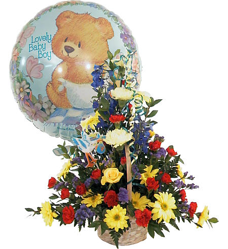 Miχ flowers and balloon ιn a  basket - BDAY 15004