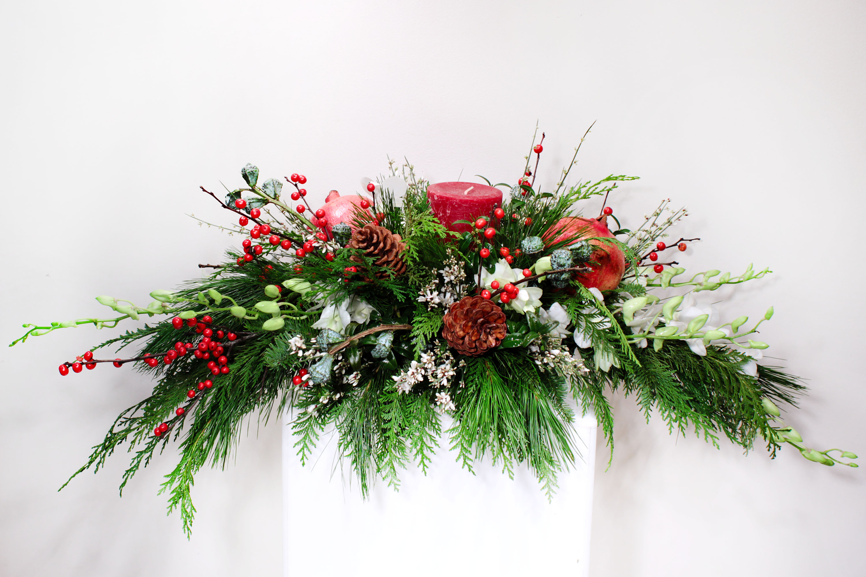 Christmas composition with orhids,red ilex and tropical foliage - ΧΡΙ 021022