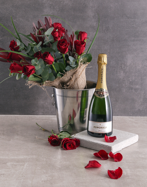 Bouquet with Champagne in wine cooler