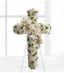 Funeral cross with chrysanthemums, roses and lilies - COND 39051