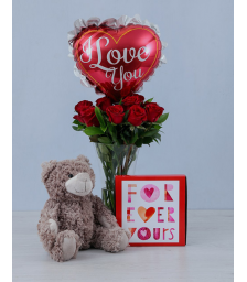 SET Teddybear with Roses in Vase, Greeting Card and Balloon