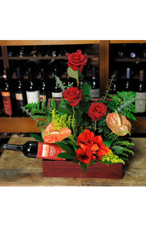 floral arrangement of flowers in a basket with wine - CELL 24003