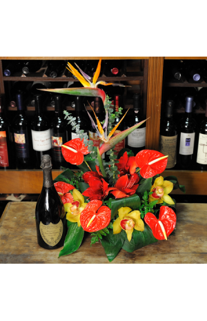 floral arrangement of flowers in a basket with champagne - CELL 24005