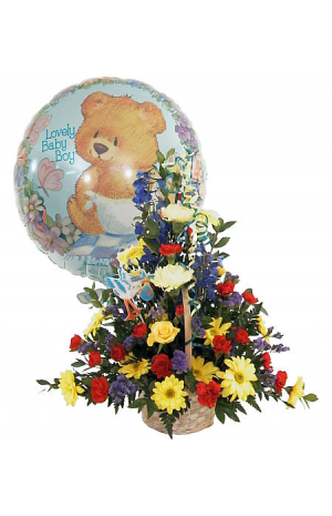 Miχ flowers and balloon ιn a  basket - BDAY 15004
