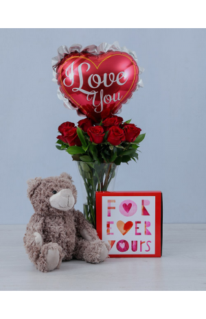 SET Teddybear with Roses in Vase, Greeting Card and Balloon